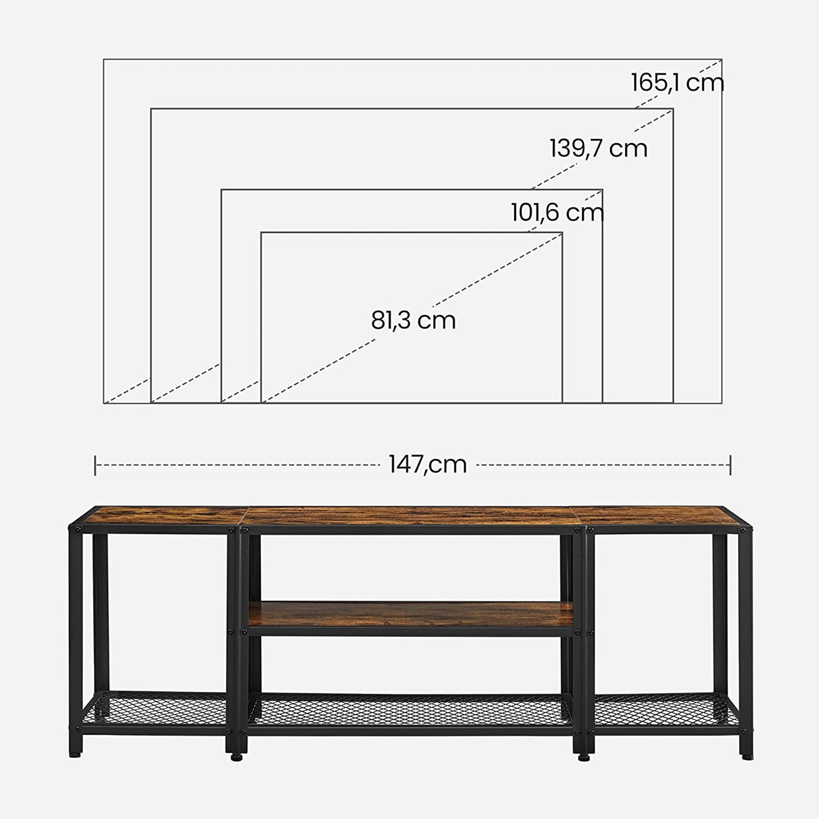 TV Stand - Wood - Rustic Brown and Black - Multi-Tier Design with Open Storage Shelves