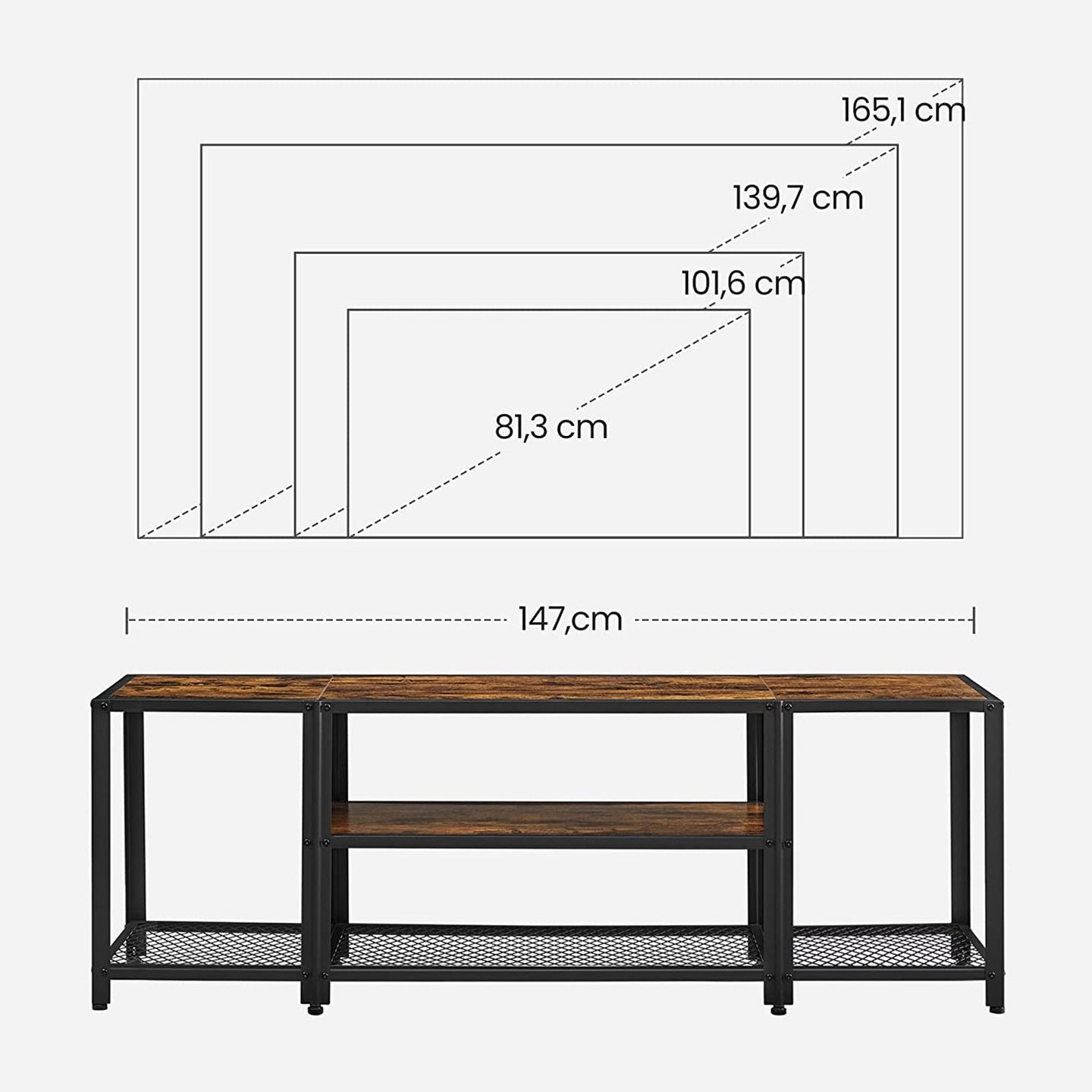 TV Stand - Wood - Rustic Brown and Black - Multi-Tier Design with Open Storage Shelves