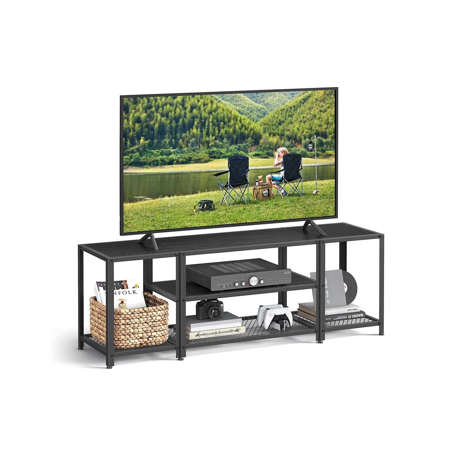 TV Stand - Wood - Charcoal Grey - 3-Tier Design with Open Storage Shelves for TVs up to 65 Inches