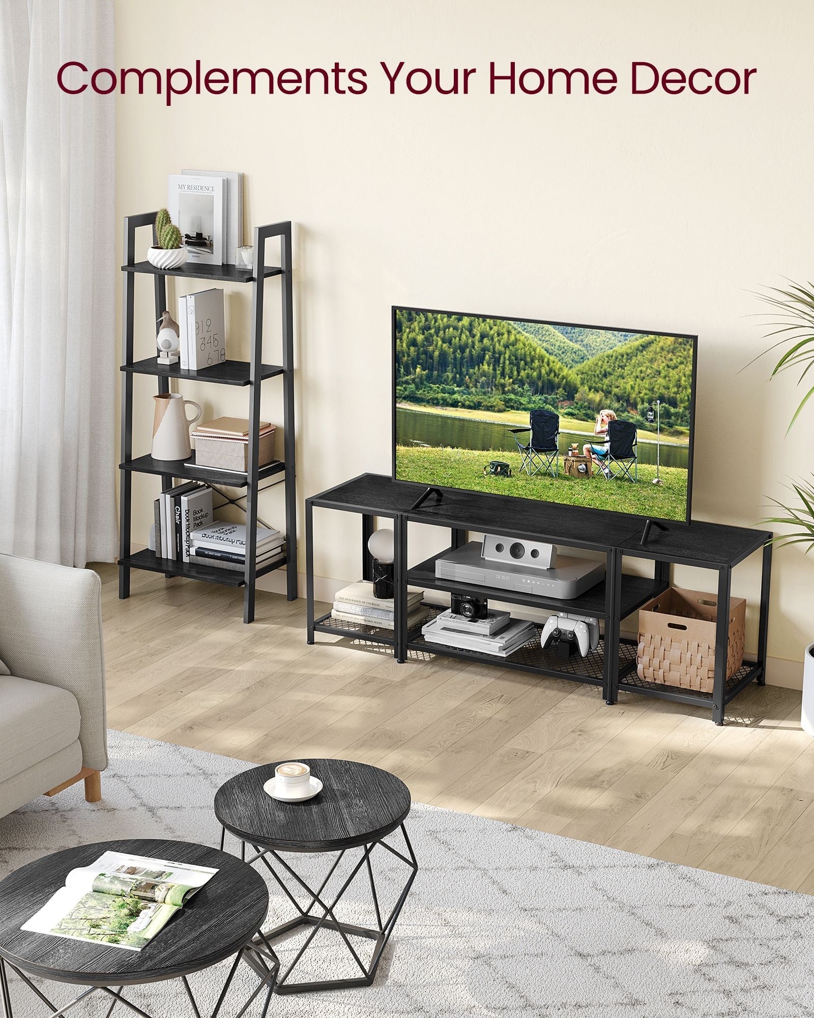 TV Stand - Wood - Charcoal Grey - 3-Tier Design with Open Storage Shelves for TVs up to 65 Inches