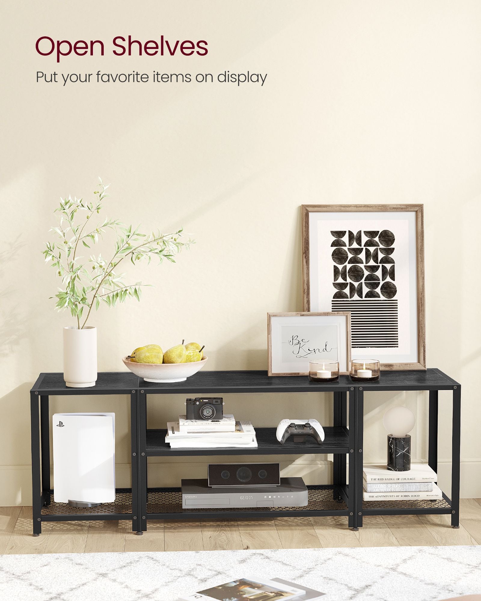 TV Stand - Wood - Charcoal Grey - 3-Tier Design with Open Storage Shelves for TVs up to 65 Inches
