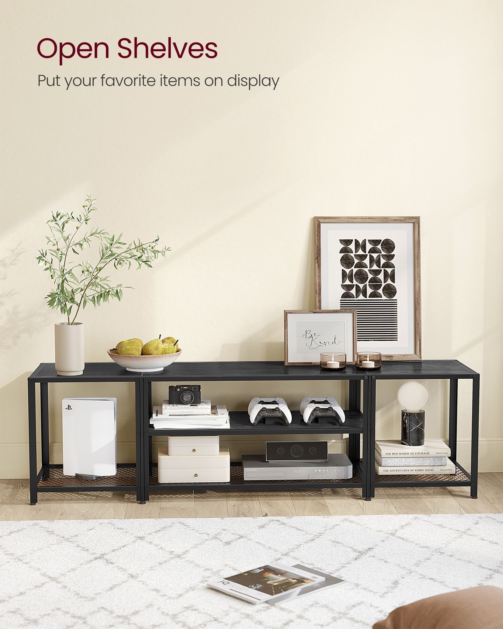 3-Tier TV Cabinet - Wood - Open Shelves for TVs up to 75 Inches
