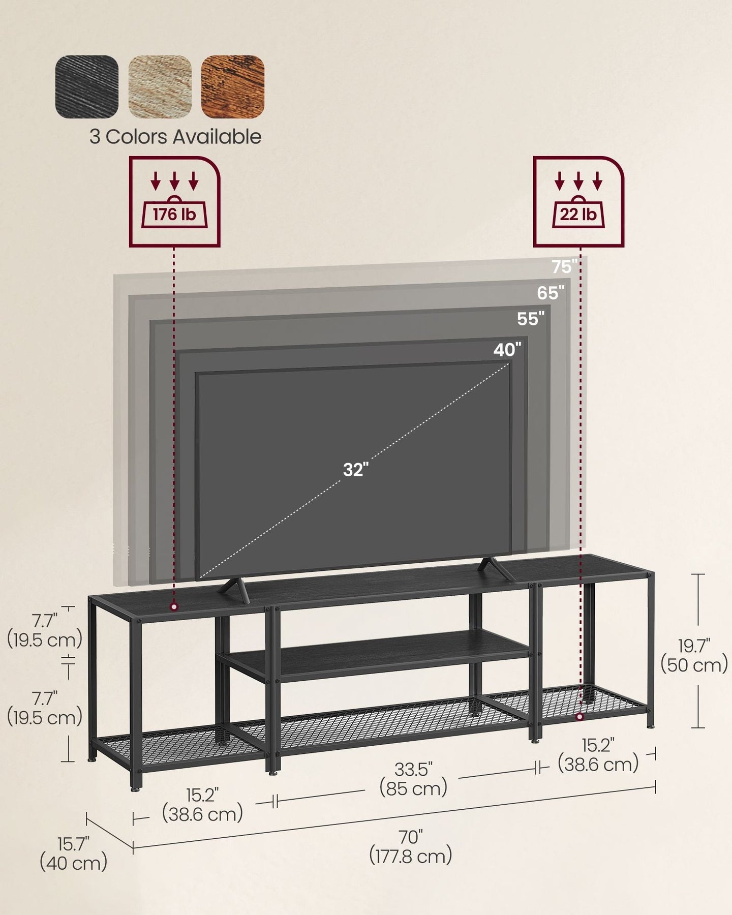 3-Tier TV Cabinet - Wood - Open Shelves for TVs up to 75 Inches
