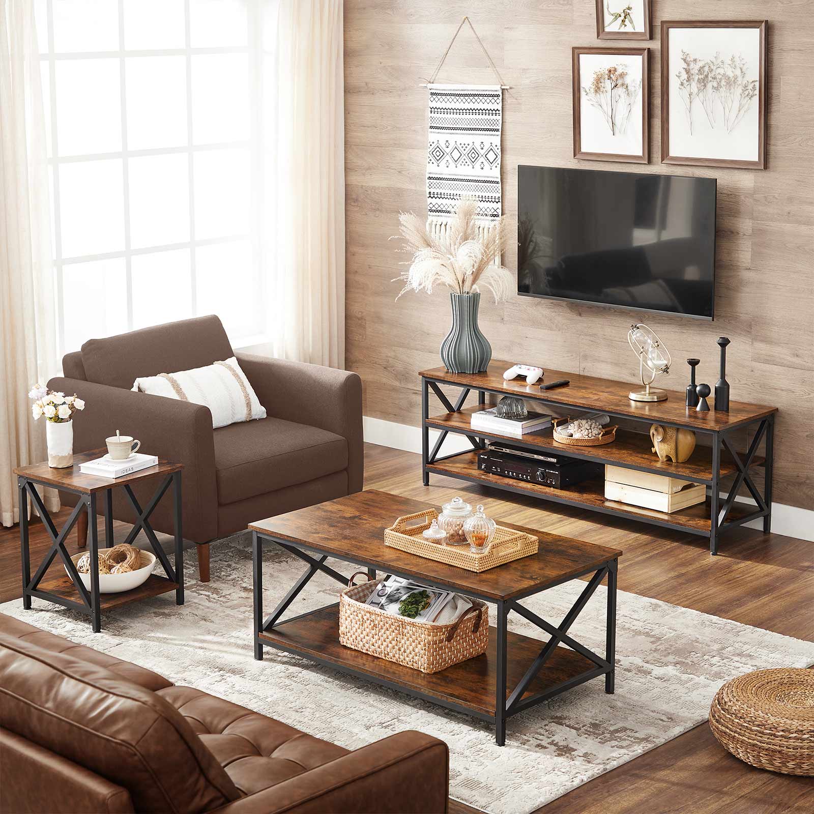 Large TV Console - Engineered Wood - Rustic Brown and Black - Open Storage for Easy Access
