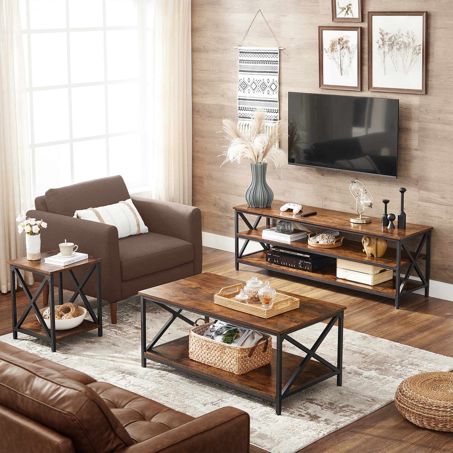 Large TV Console - Engineered Wood - Rustic Brown and Black - Open Storage for Easy Access