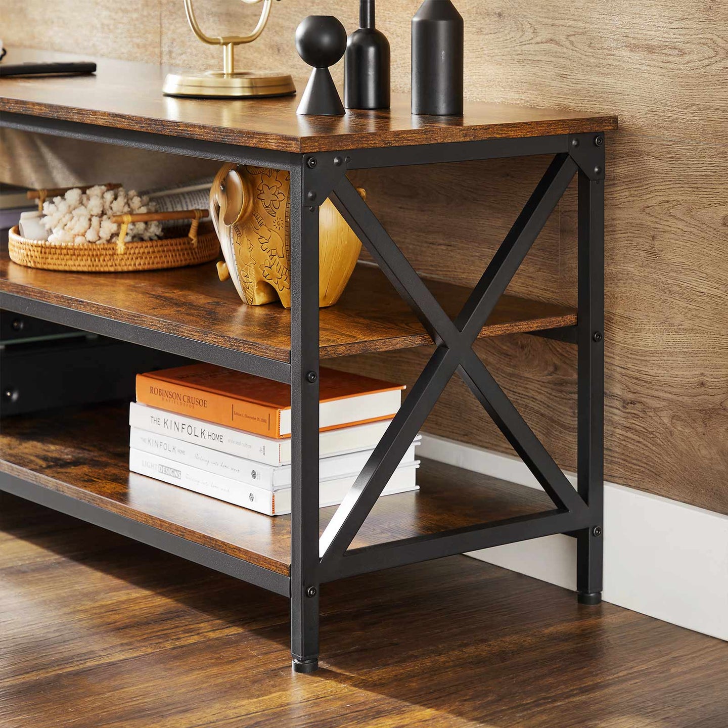 Large TV Console - Engineered Wood - Rustic Brown and Black - Open Storage for Easy Access