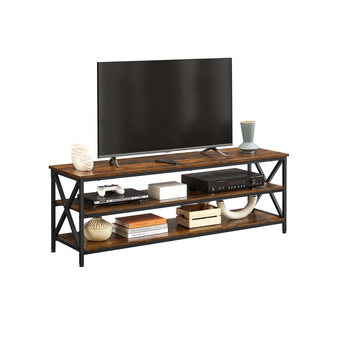 Large TV Console - Engineered Wood - Rustic Brown and Black - Open Storage for Easy Access