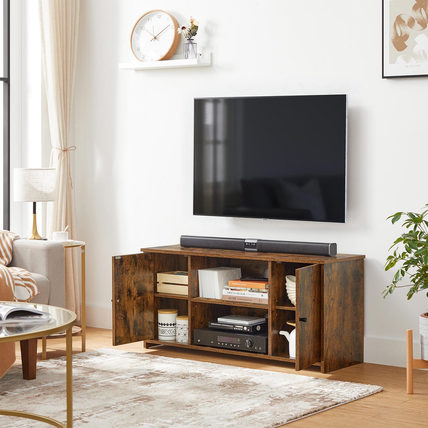 TV Stand - Wood - Rustic Brown - Open Storage with Adjustable Shelves and Cable Management