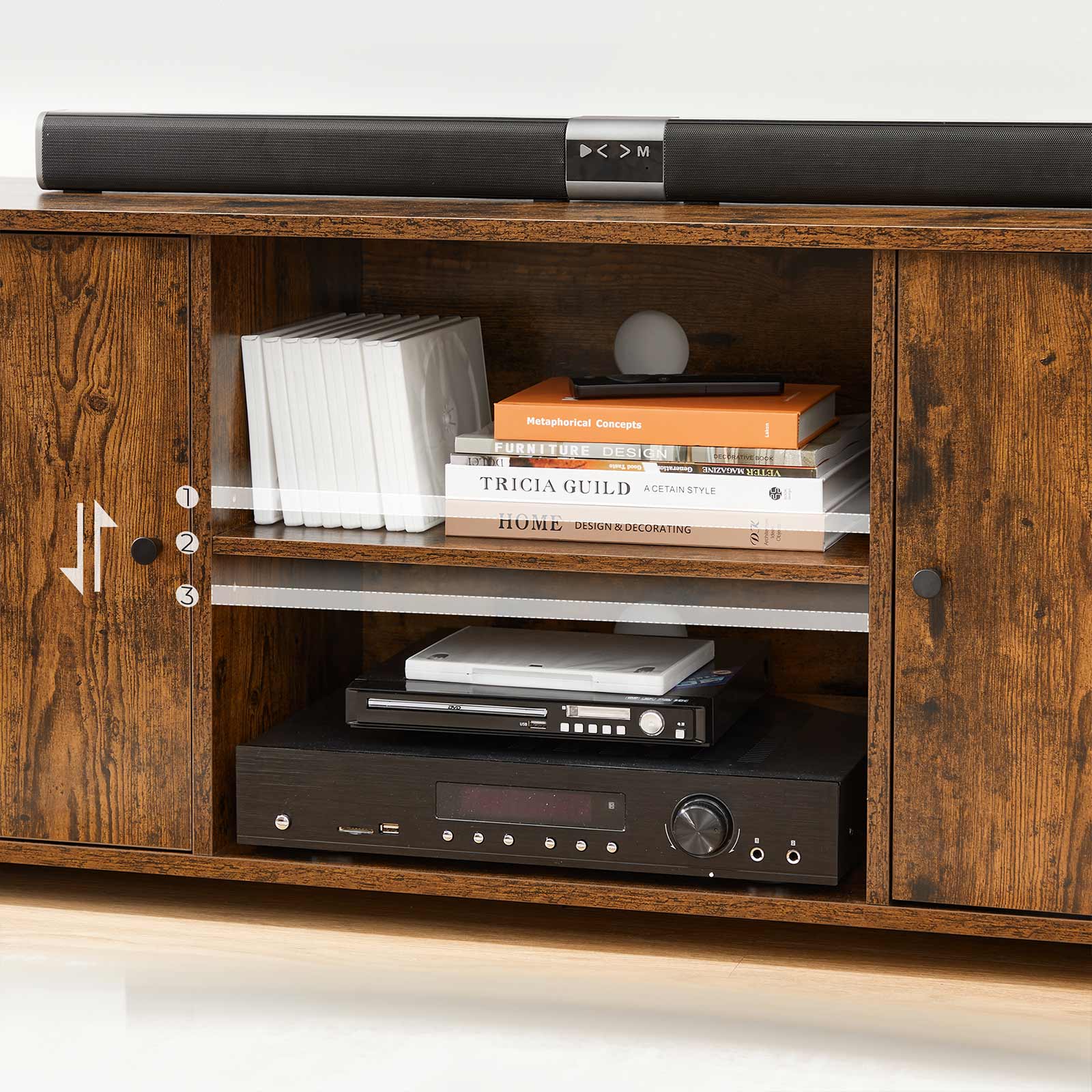 TV Stand - Wood - Rustic Brown - Open Storage with Adjustable Shelves and Cable Management