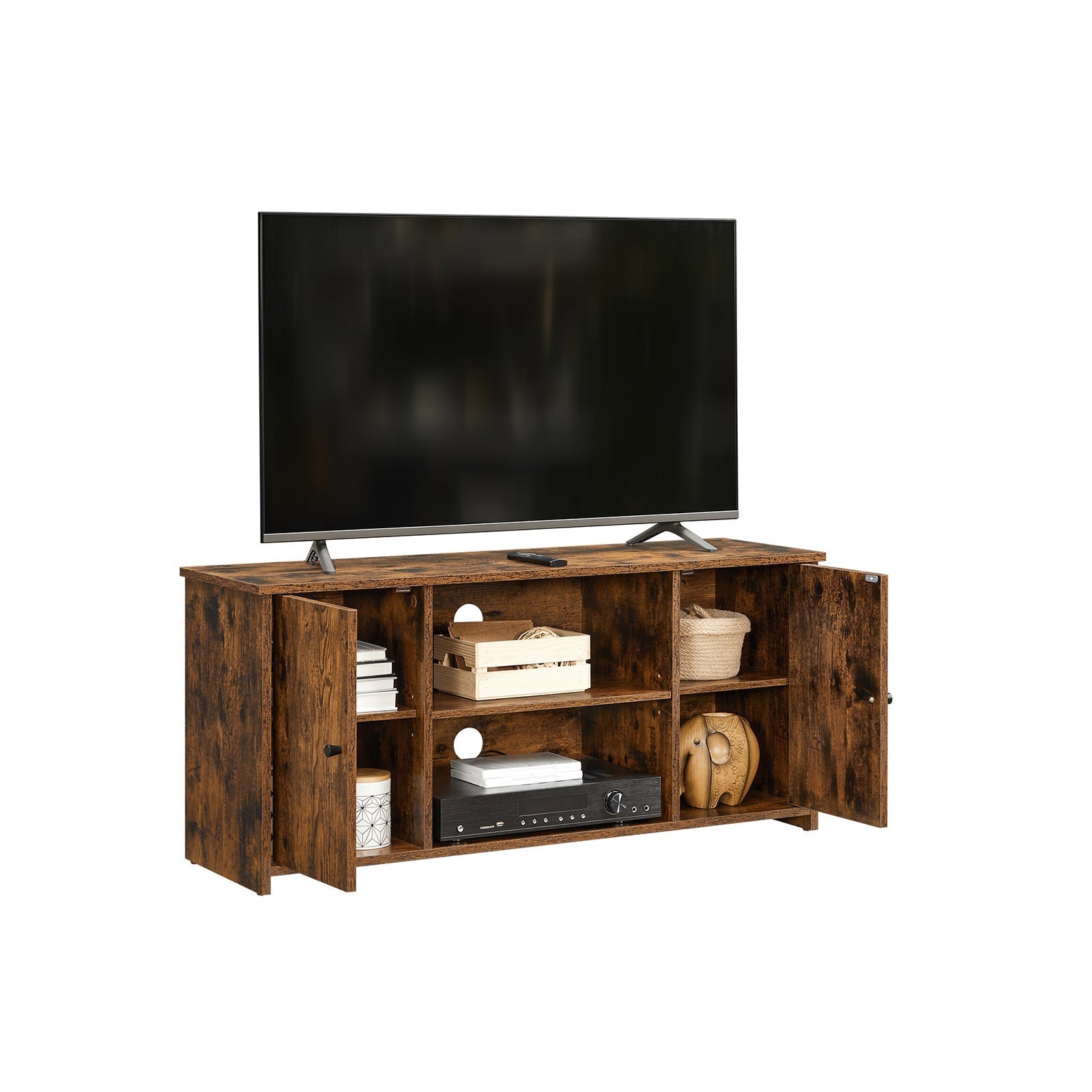 TV Stand - Wood - Rustic Brown - Open Storage with Adjustable Shelves and Cable Management