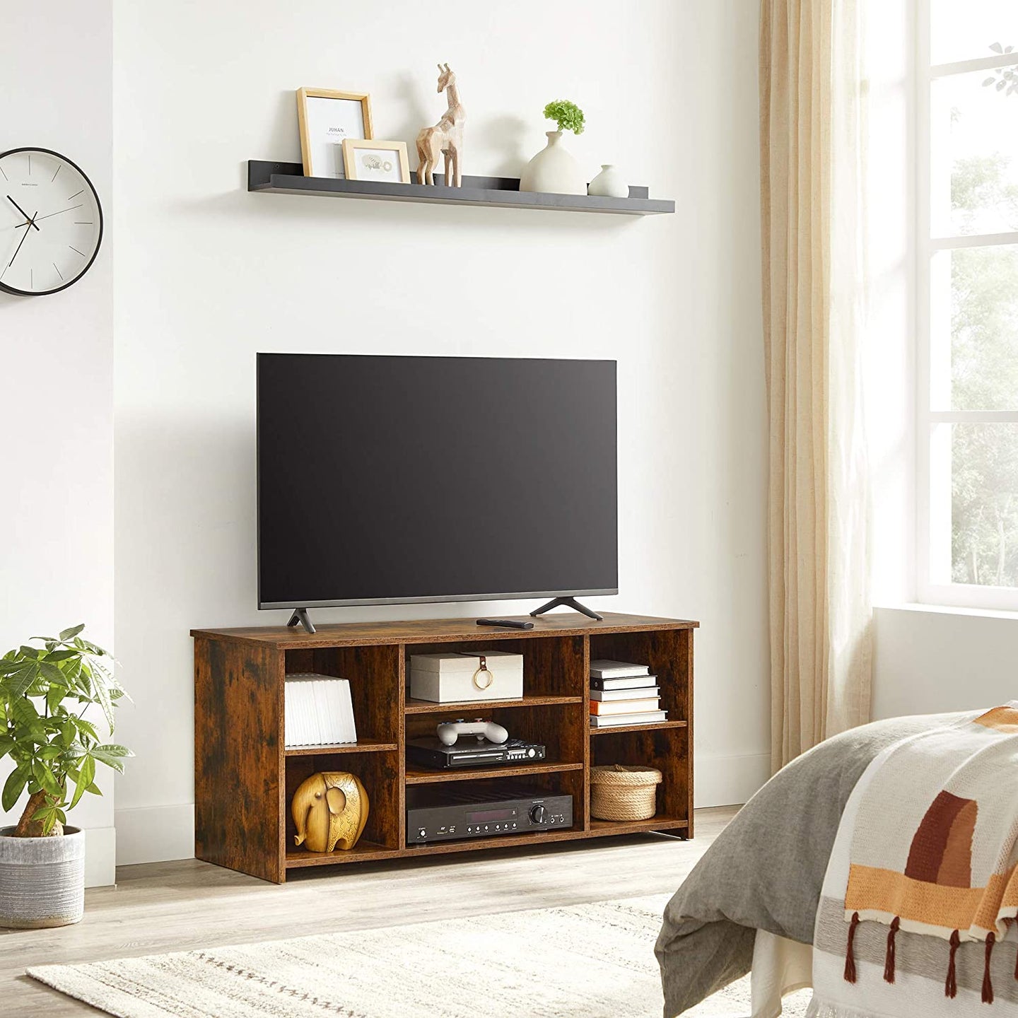 TV Stand - Engineered Wood - Rustic Brown - Adjustable Shelves with 7 Open Compartments