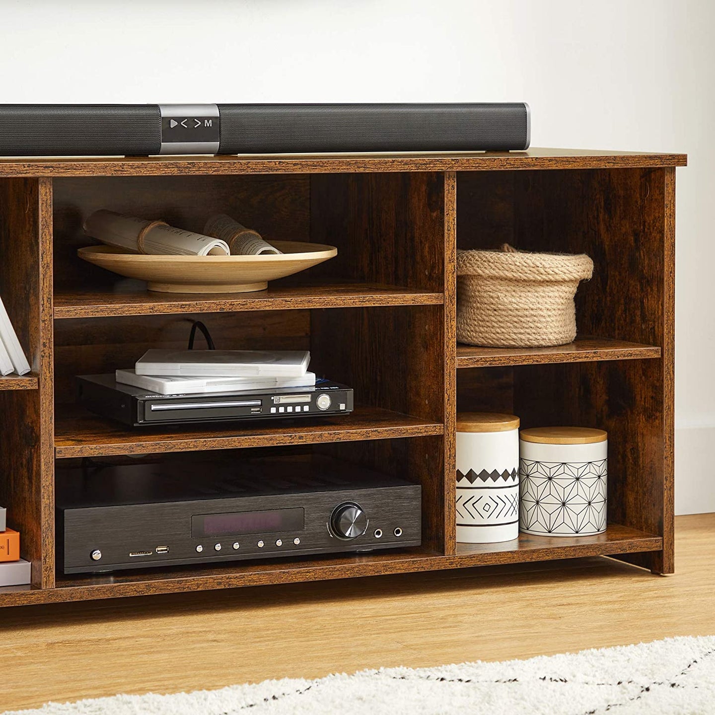 TV Stand - Engineered Wood - Rustic Brown - Adjustable Shelves with 7 Open Compartments