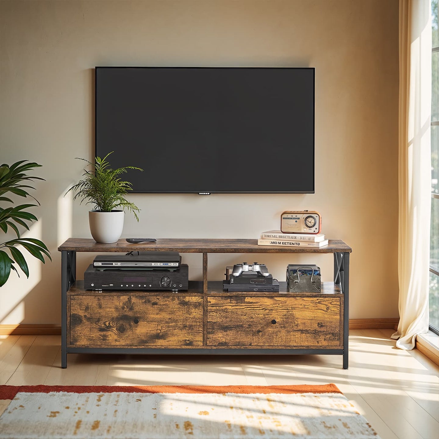 Media Console Table - Steel - Rustic Brown and Black