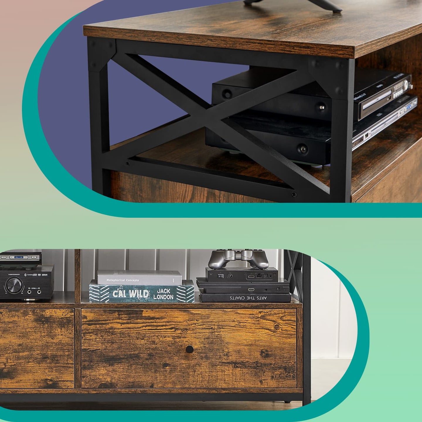 Media Console Table - Steel - Rustic Brown and Black