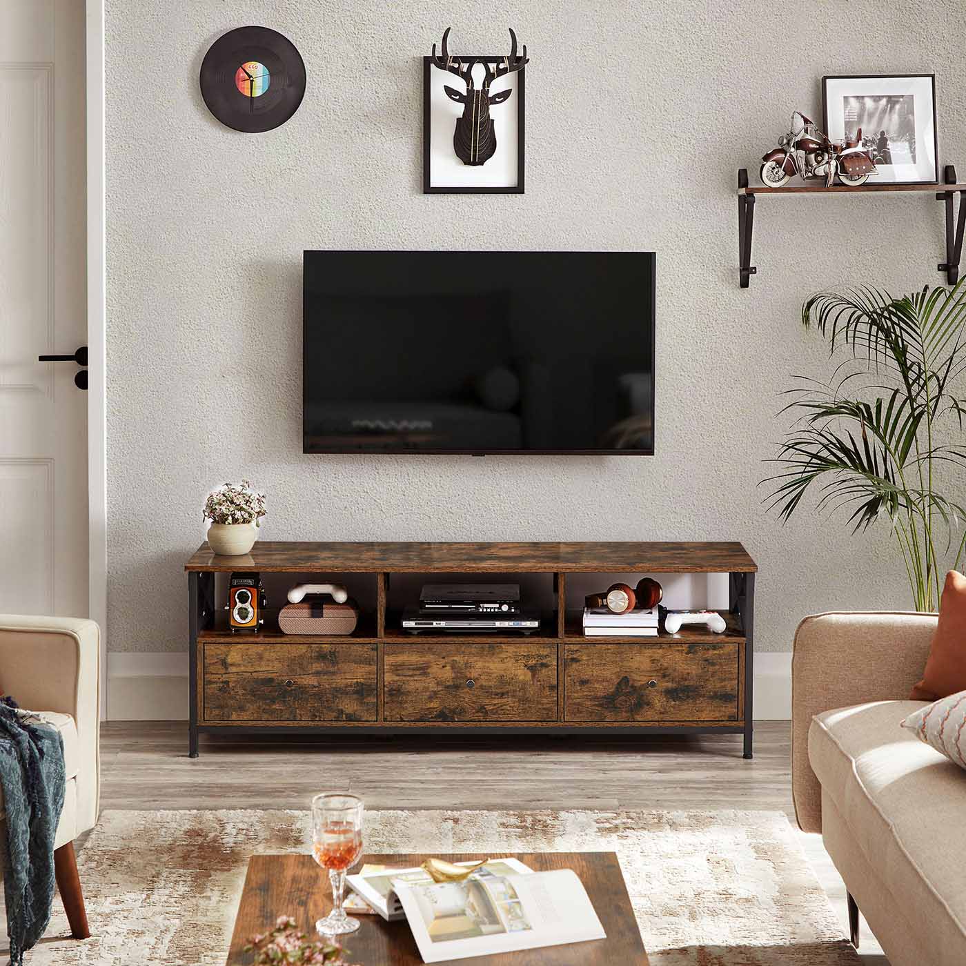 Industrial Brown TV Stand - Wood and Steel - Rustic Brown