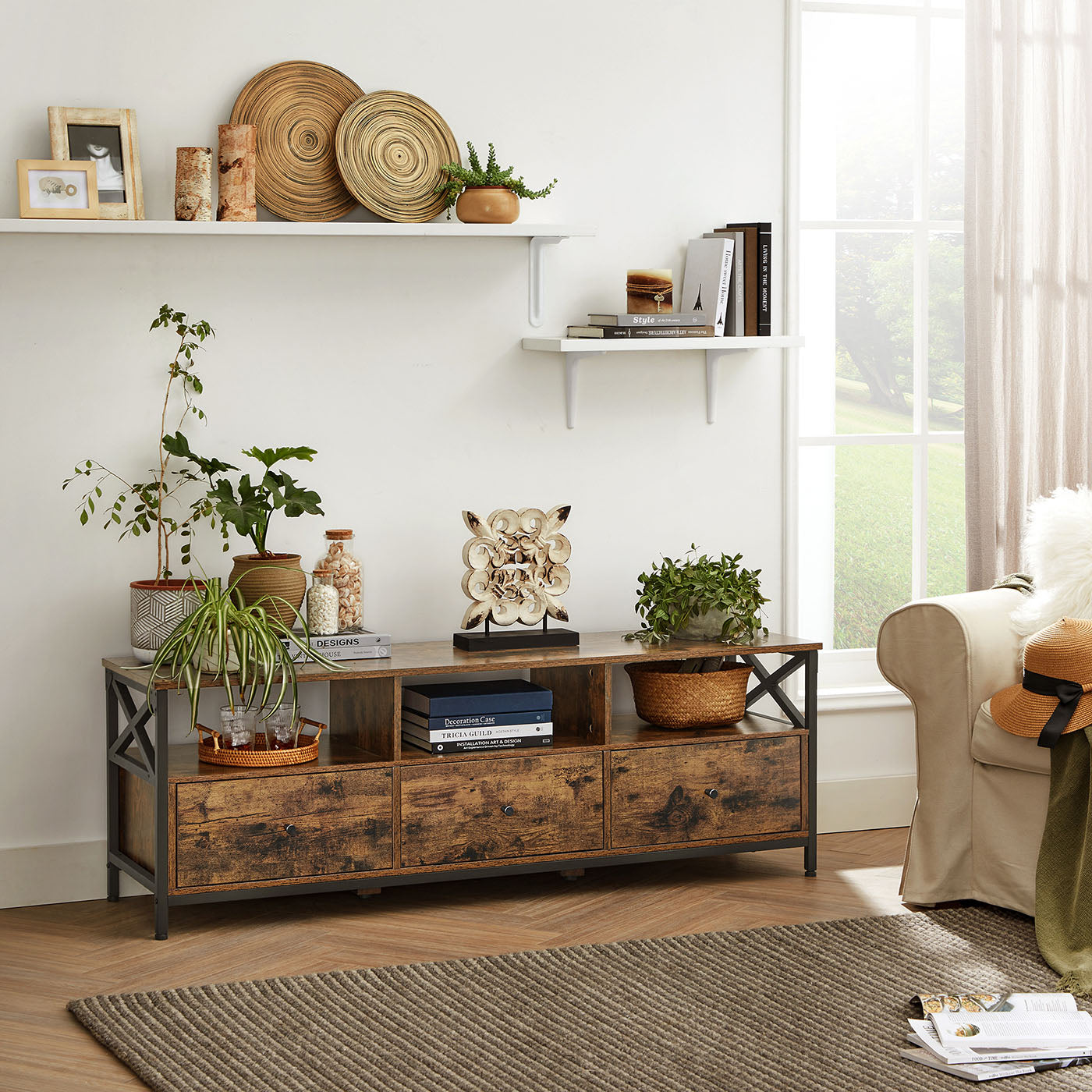Media Console Table - Steel - Rustic Brown and Black - 2 Drawers and Storage Shelves