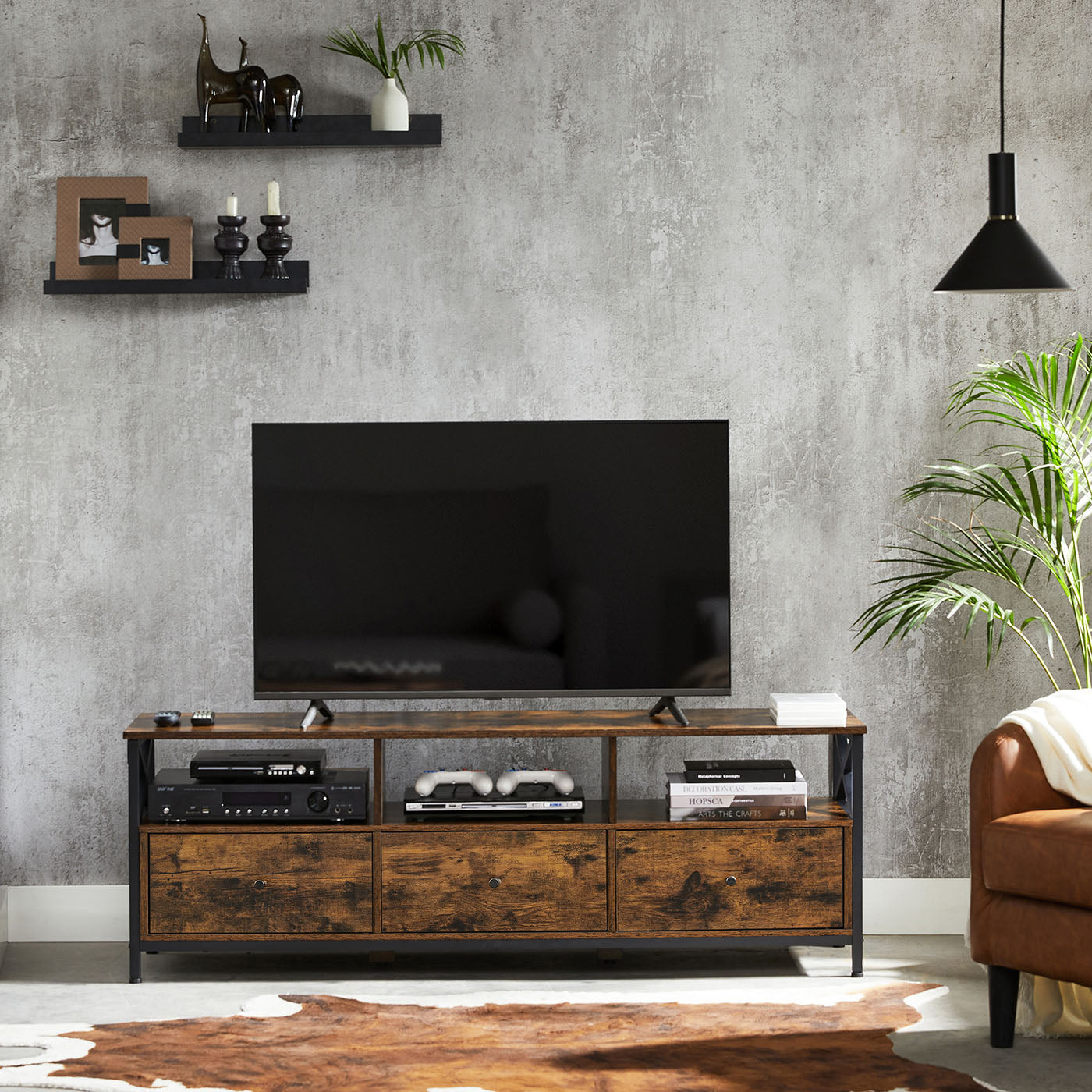 Media Console Table - Steel - Rustic Brown and Black - 2 Drawers and Storage Shelves