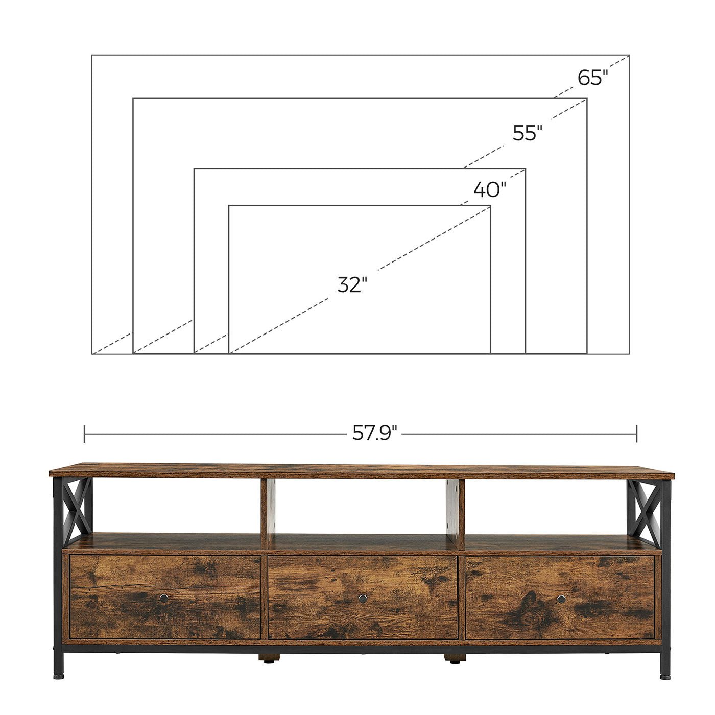 Media Console Table - Steel - Rustic Brown and Black - 2 Drawers and Storage Shelves