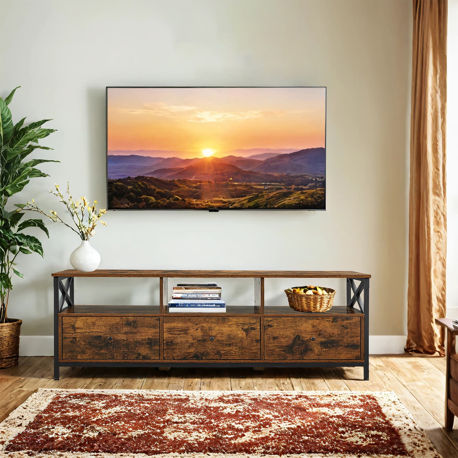 Media Console Table - Steel - Rustic Brown and Black - 2 Drawers and Storage Shelves