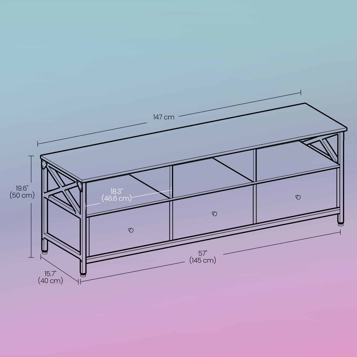 Media Console Table - Steel - Rustic Brown and Black - 2 Drawers and Storage Shelves