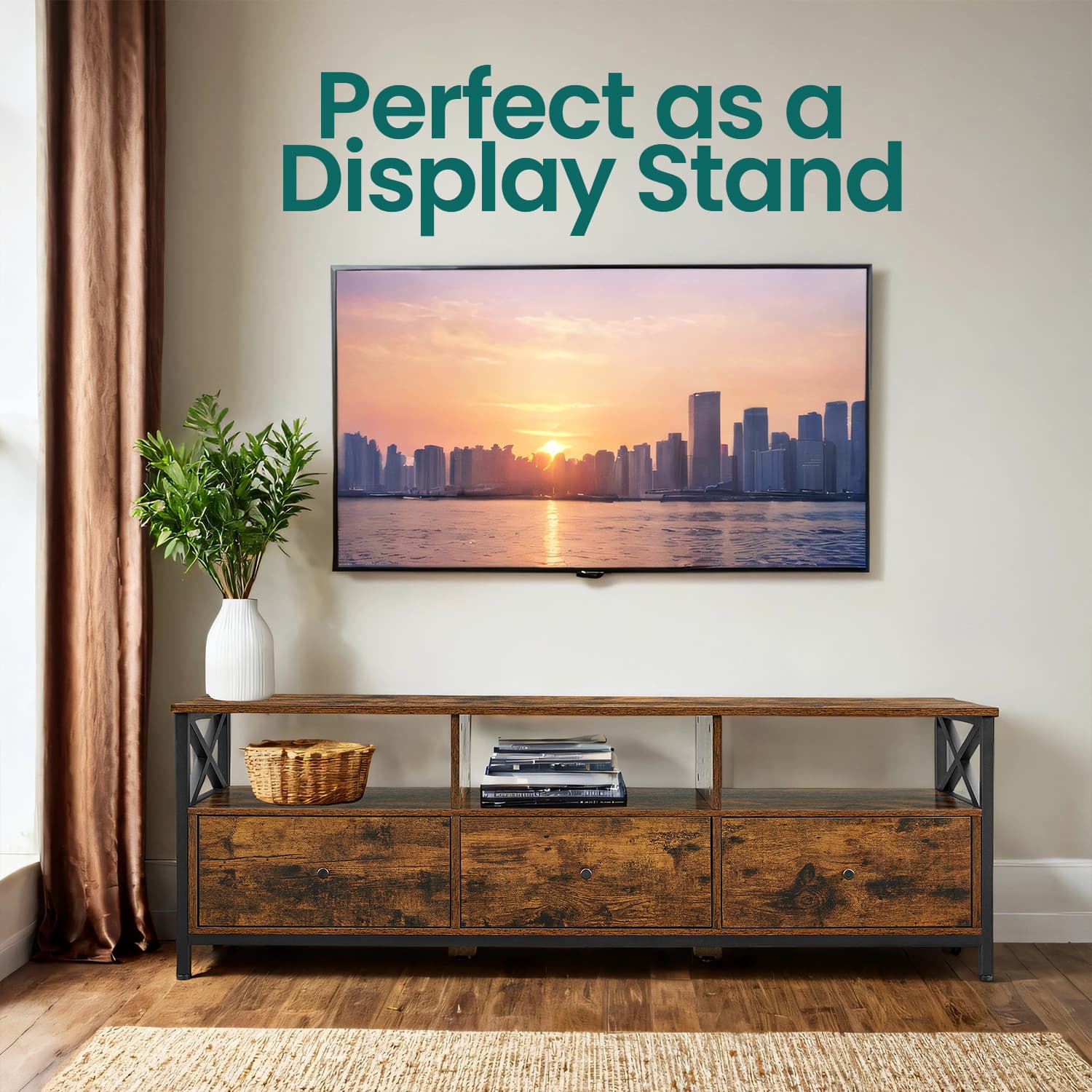 Media Console Table - Steel - Rustic Brown and Black - 2 Drawers and Storage Shelves