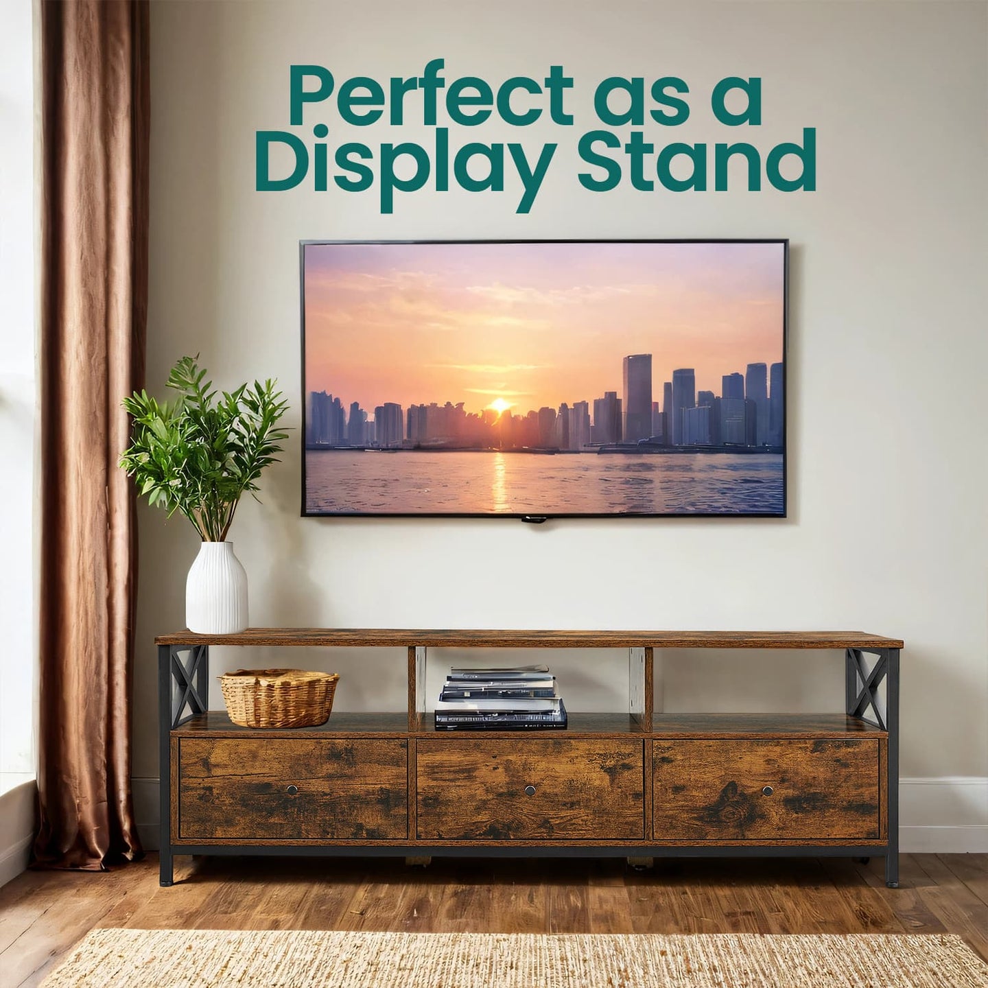 Media Console Table - Steel - Rustic Brown and Black - 2 Drawers and Storage Shelves