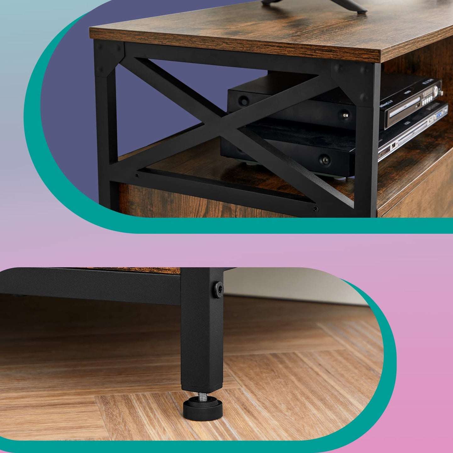 Media Console Table - Steel - Rustic Brown and Black - 2 Drawers and Storage Shelves