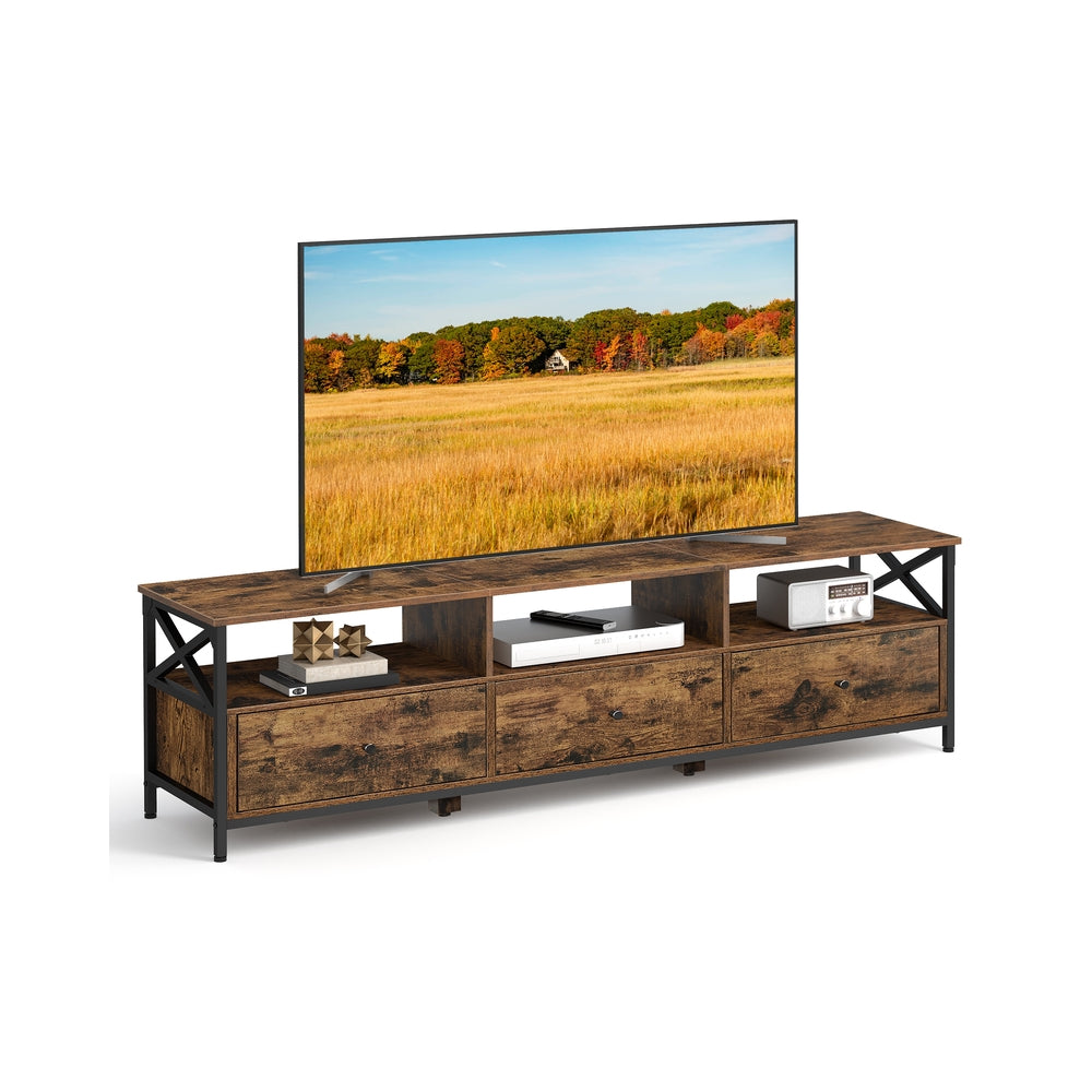 TV Stand - Steel Frame - Rustic Brown and Black - 3 Drawers and Storage Shelves for Up to 65 Inch TV