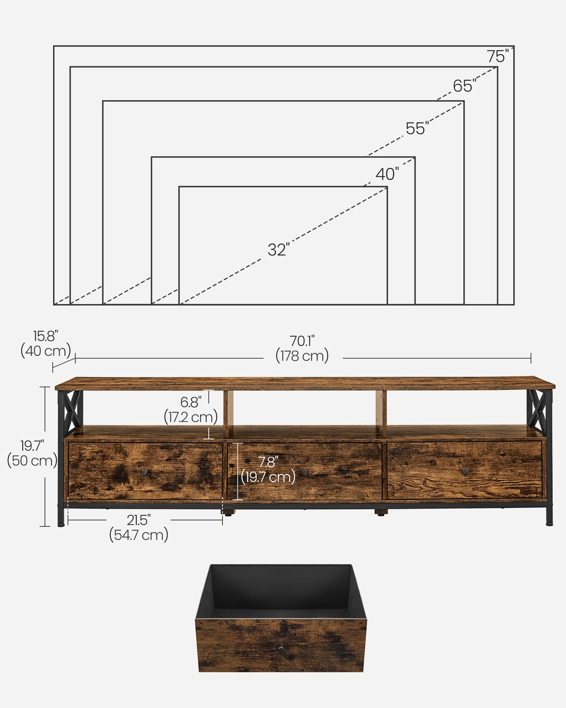 TV Stand - Steel Frame - Rustic Brown and Black - 3 Drawers and Storage Shelves for Up to 65 Inch TV