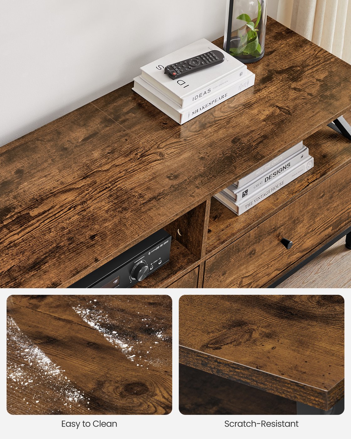 TV Stand - Steel Frame - Rustic Brown and Black - 3 Drawers and Storage Shelves for Up to 65 Inch TV