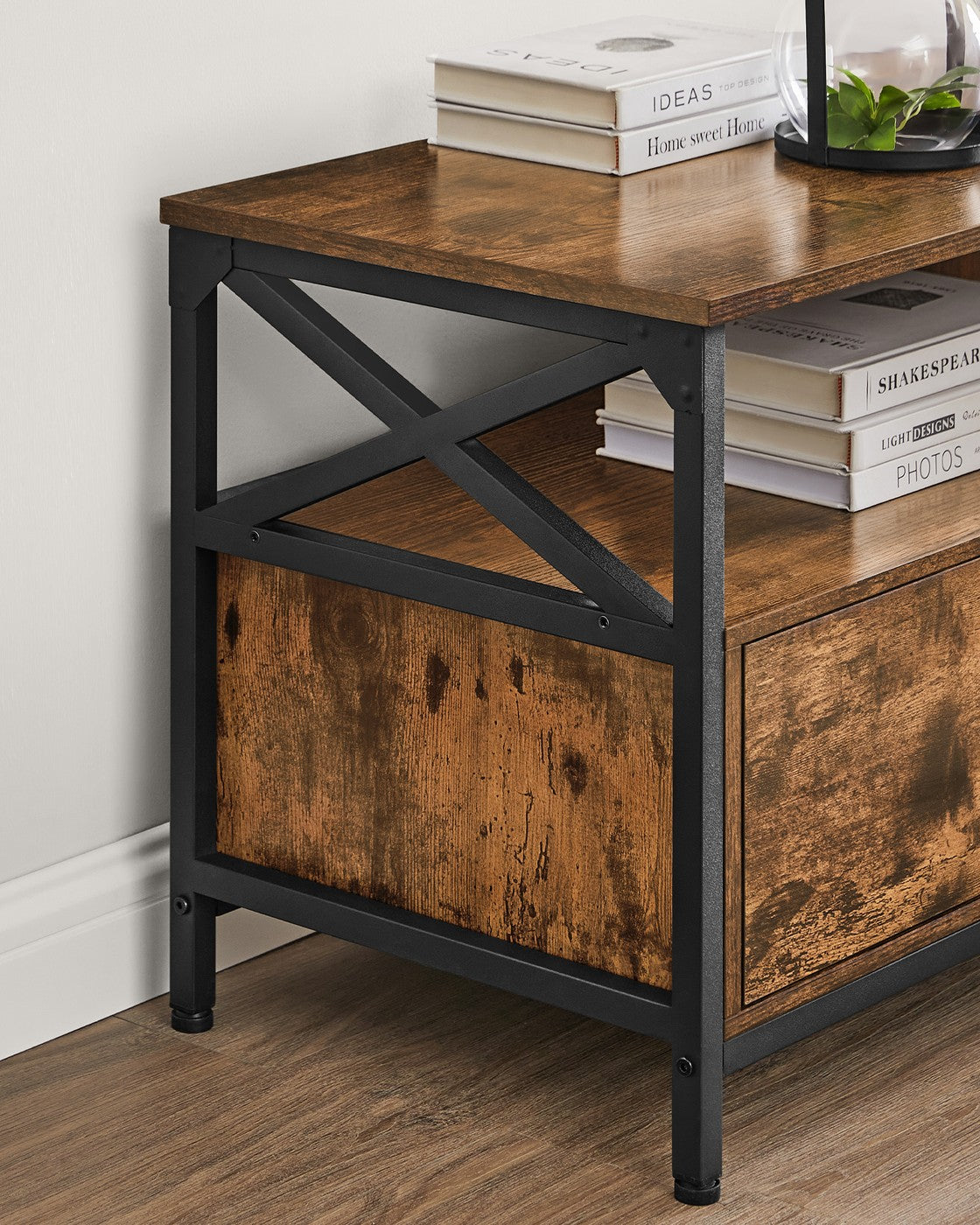 TV Stand - Steel Frame - Rustic Brown and Black - 3 Drawers and Storage Shelves for Up to 65 Inch TV