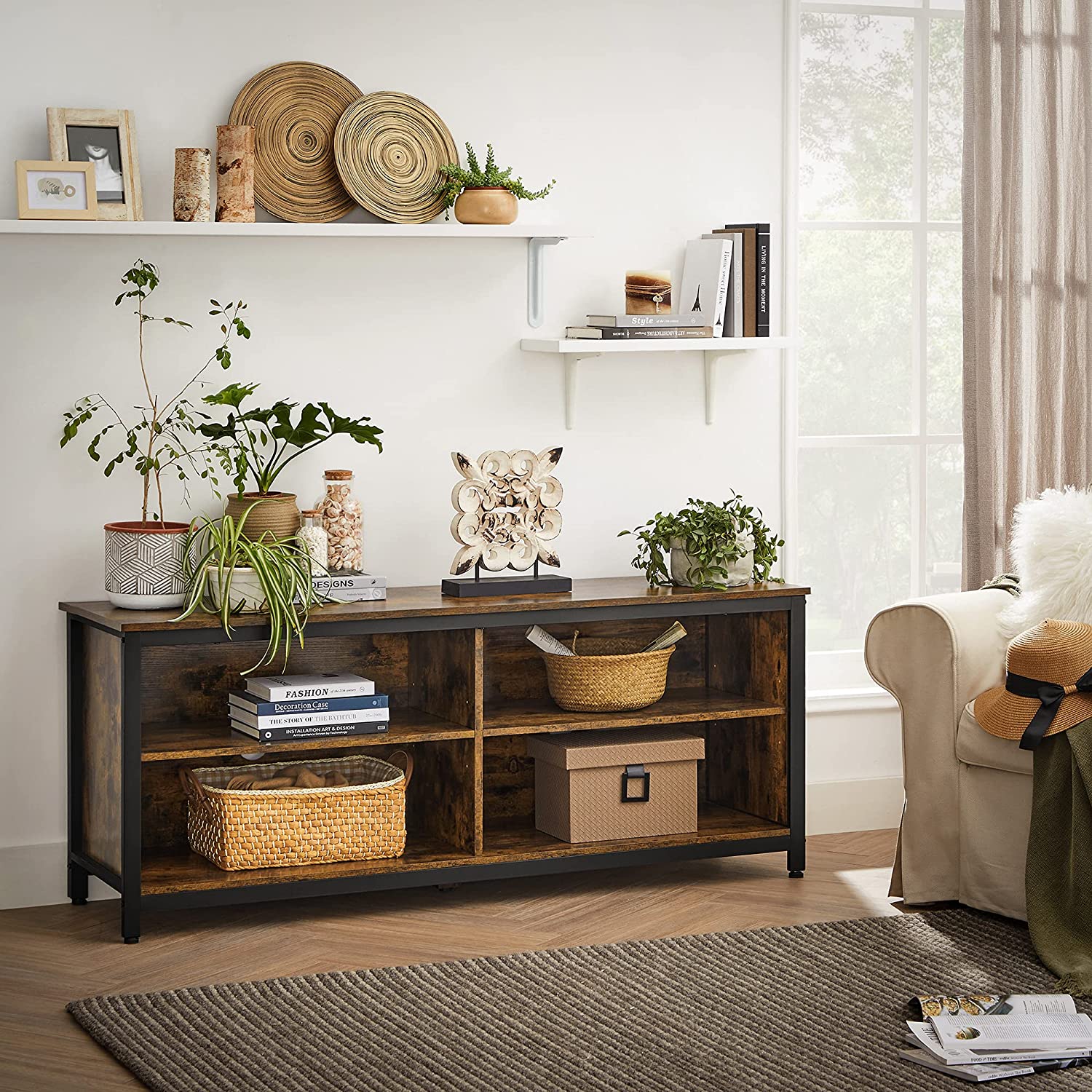 TV Stand - MDF - Rustic Brown and Black - 4 Cubby Design with Adjustable Shelves and Cable Management