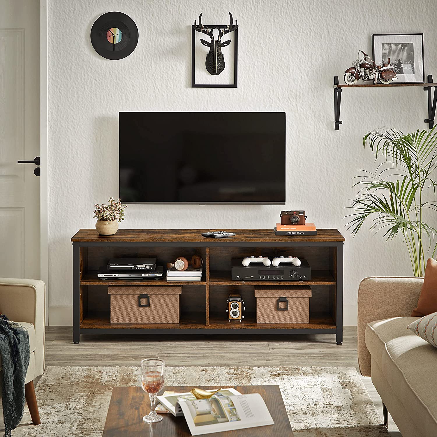 TV Stand - MDF - Rustic Brown and Black - 4 Cubby Design with Adjustable Shelves and Cable Management
