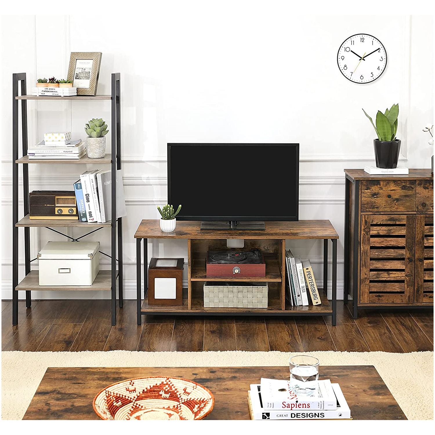 Open Storage TV Stand - Wood - Rustic Brown - Console Unit with Shelving