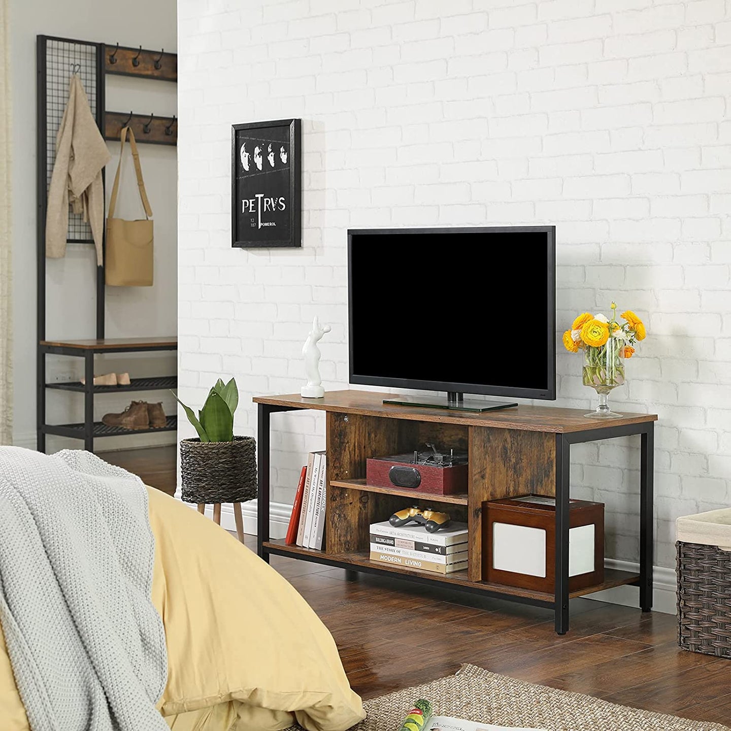Open Storage TV Stand - Wood - Rustic Brown - Console Unit with Shelving