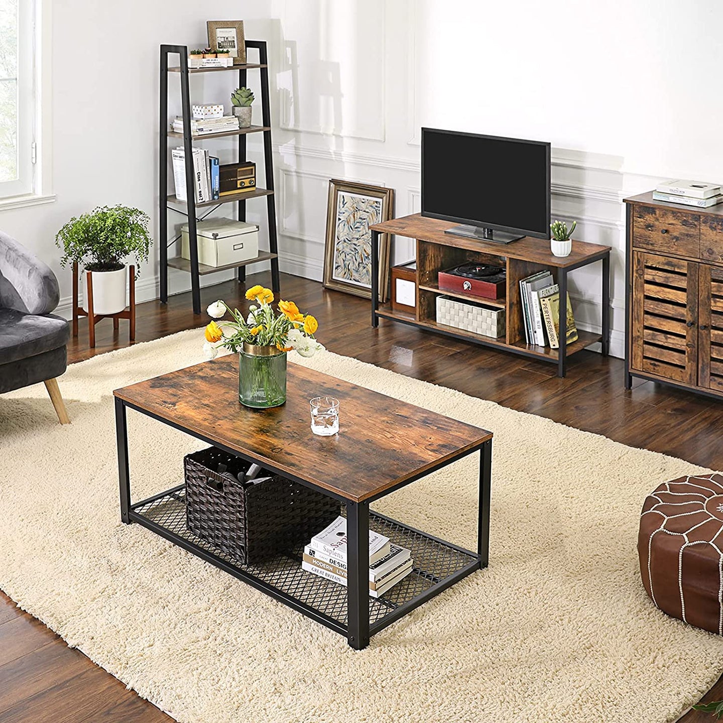 Open Storage TV Stand - Wood - Rustic Brown - Console Unit with Shelving