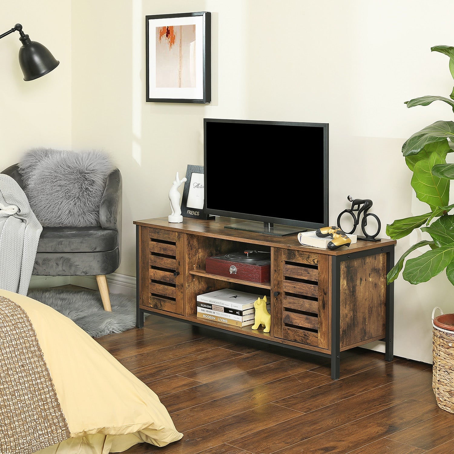 Industrial TV Console Unit - Engineered Wood - Rustic Brown - with Louvered Doors and Storage Shelves