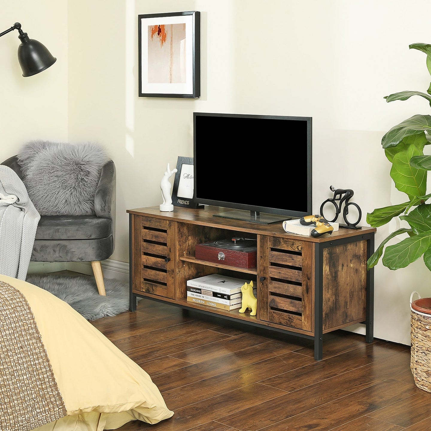 Industrial TV Console Unit - Engineered Wood - Rustic Brown - with Louvered Doors and Storage Shelves