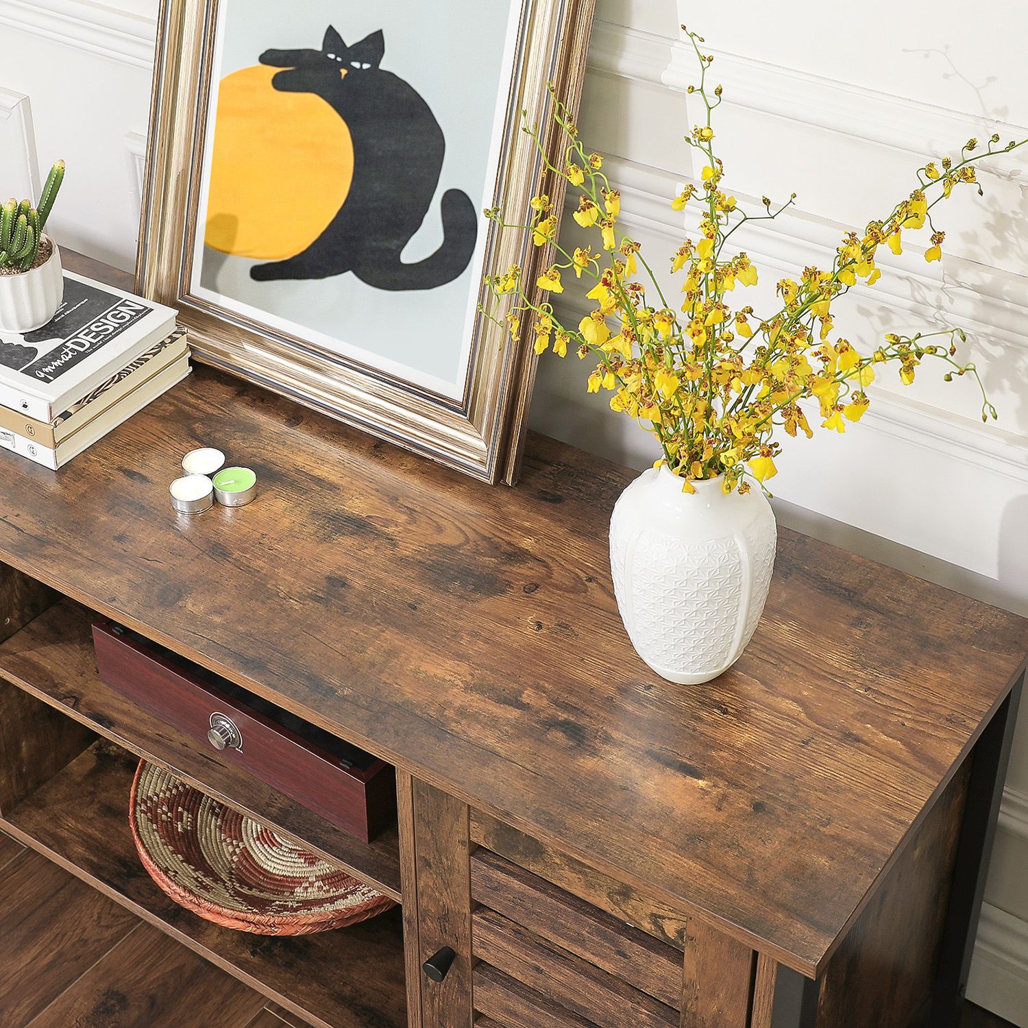 Industrial TV Console Unit - Engineered Wood - Rustic Brown - with Louvered Doors and Storage Shelves