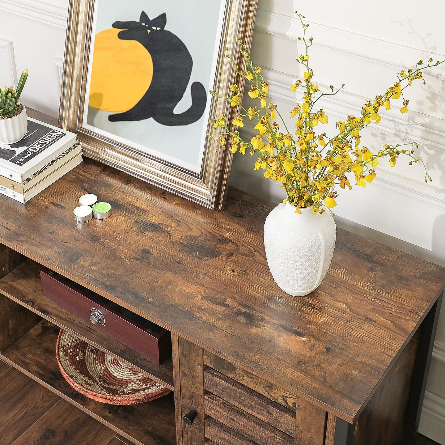Industrial TV Console Unit - Engineered Wood - Rustic Brown - with Louvered Doors and Storage Shelves