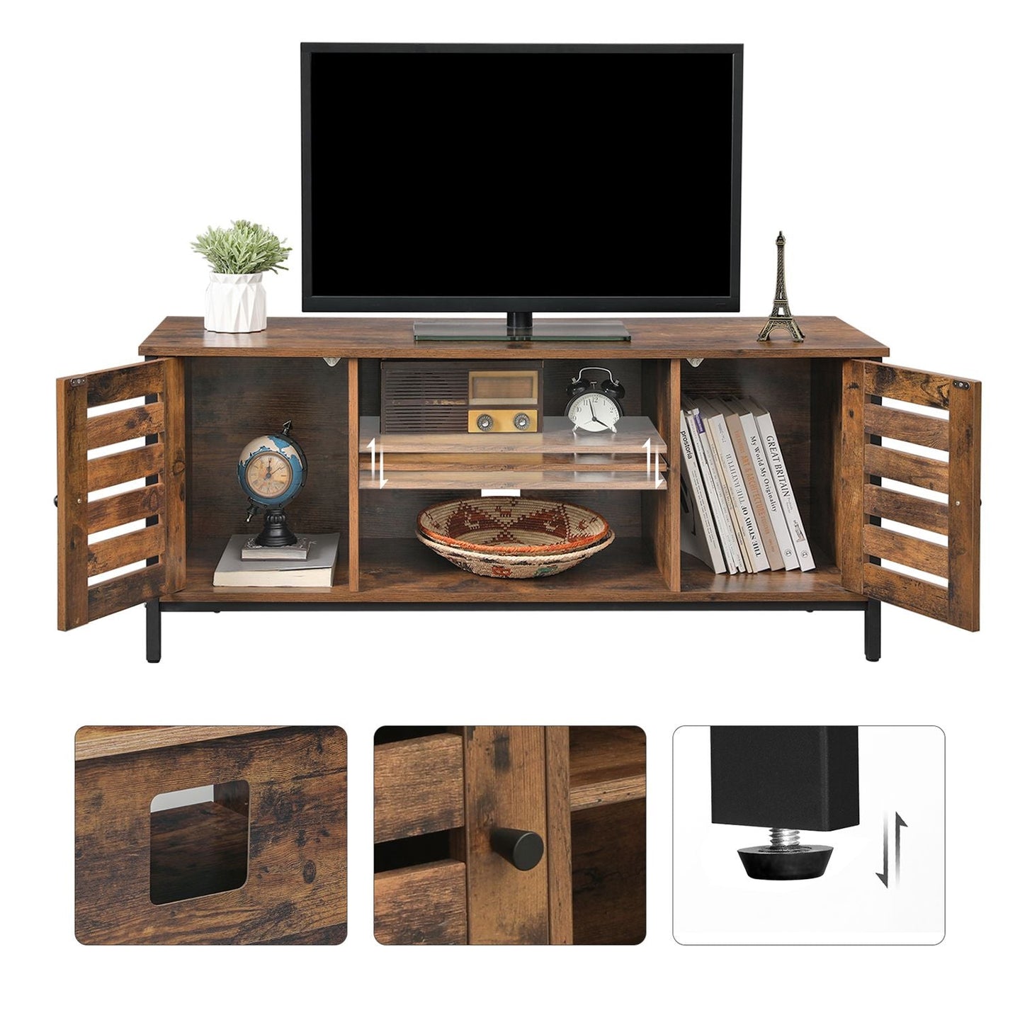 Industrial TV Console Unit - Engineered Wood - Rustic Brown - with Louvered Doors and Storage Shelves