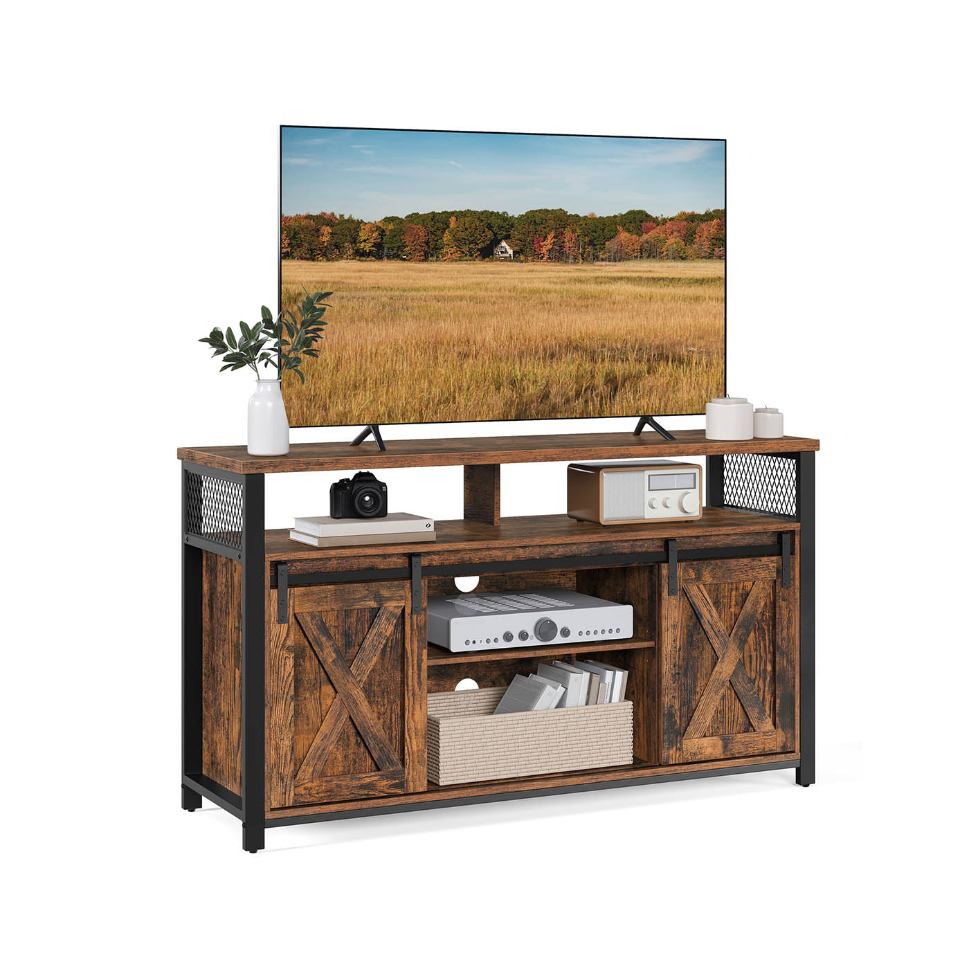 TV Stand - Rustic Brown and Black - Sliding Barn Doors