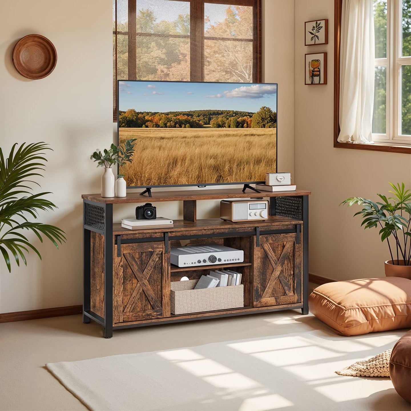 Media Console Table - Engineered Wood - Rustic Brown and Black - Sliding Barn Doors