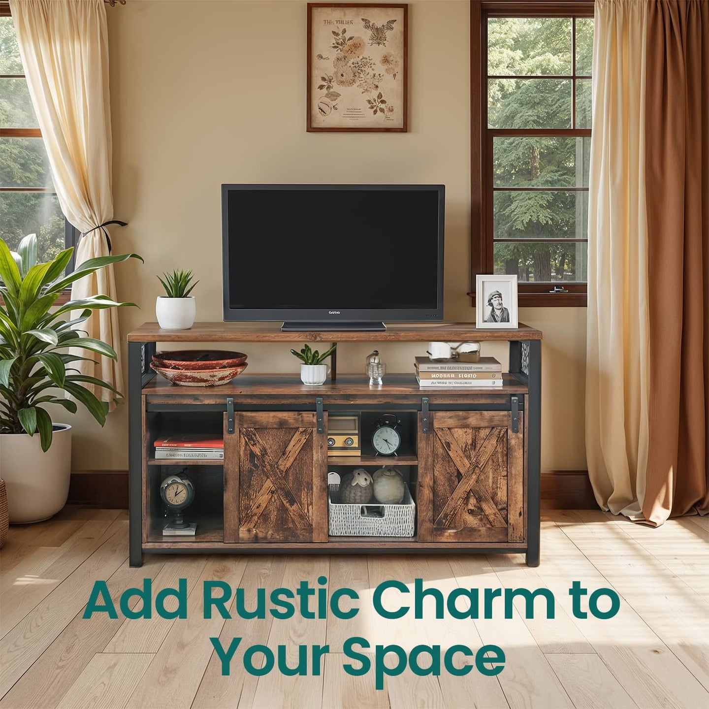 Media Console Table - Engineered Wood - Rustic Brown and Black - Sliding Barn Doors