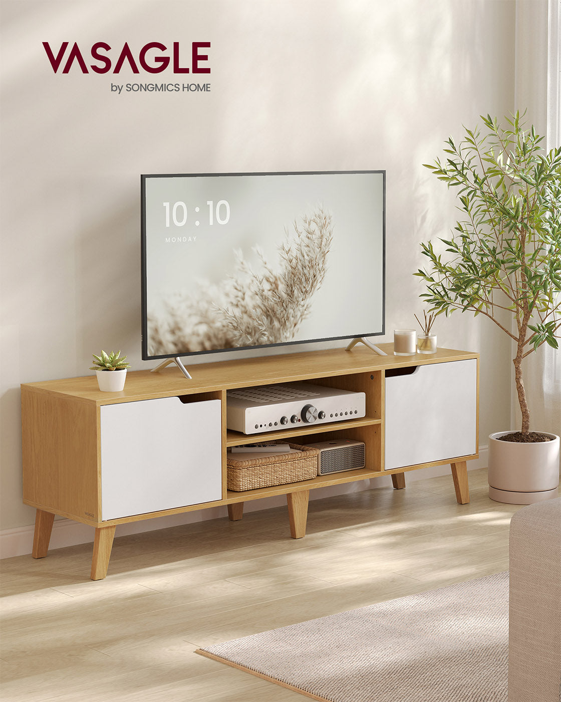 TV Stand Unit - Engineered Wood - Natural Oak - Adjustable Shelf for 65 Inch TVs