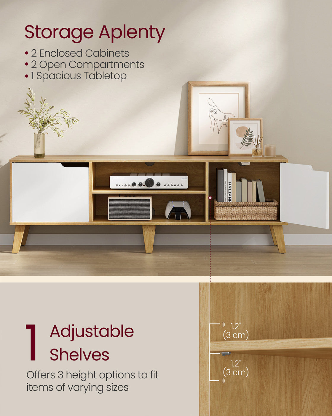 TV Stand Unit - Engineered Wood - Natural Oak - Adjustable Shelf for 65 Inch TVs