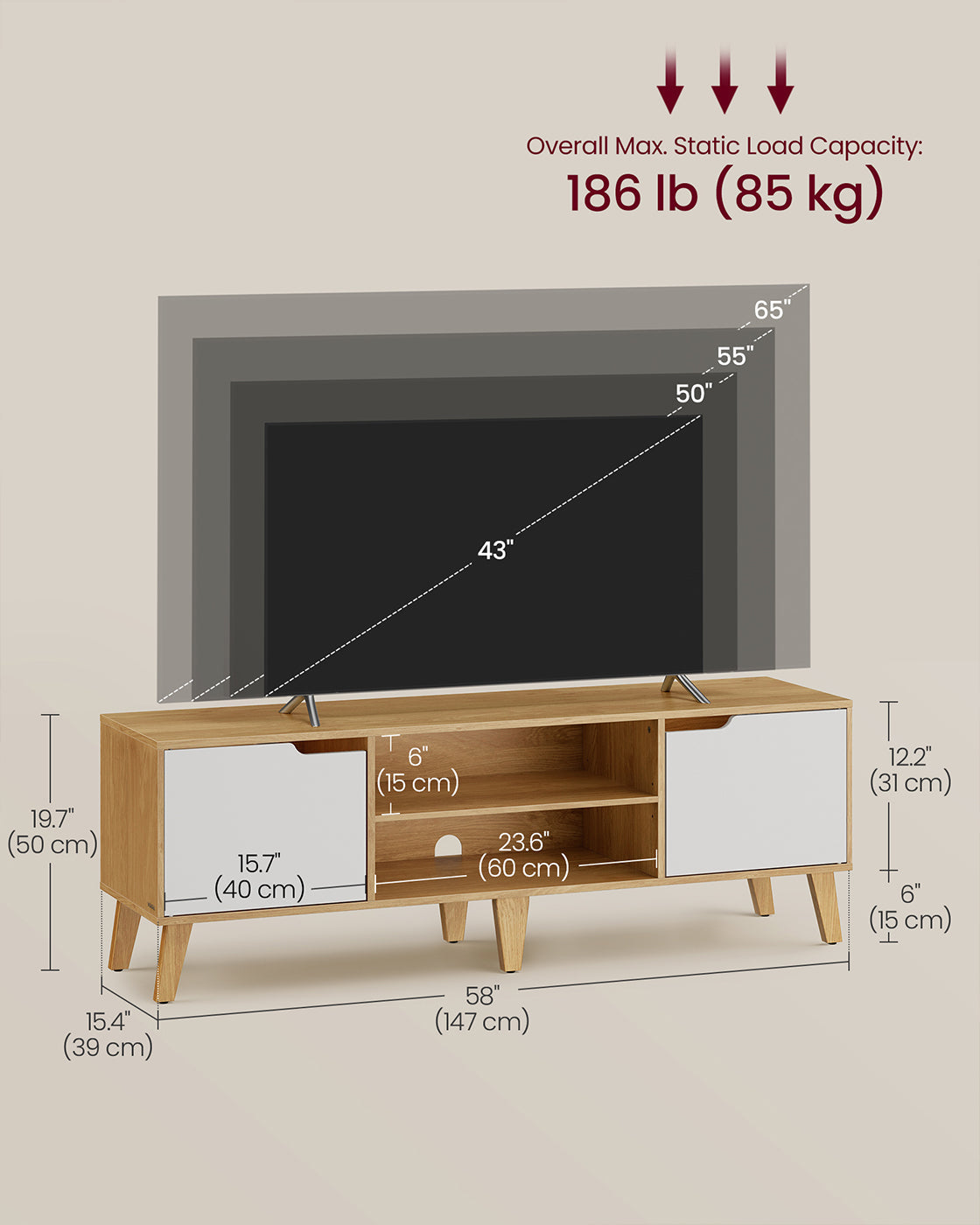 TV Stand Unit - Engineered Wood - Natural Oak - Adjustable Shelf for 65 Inch TVs