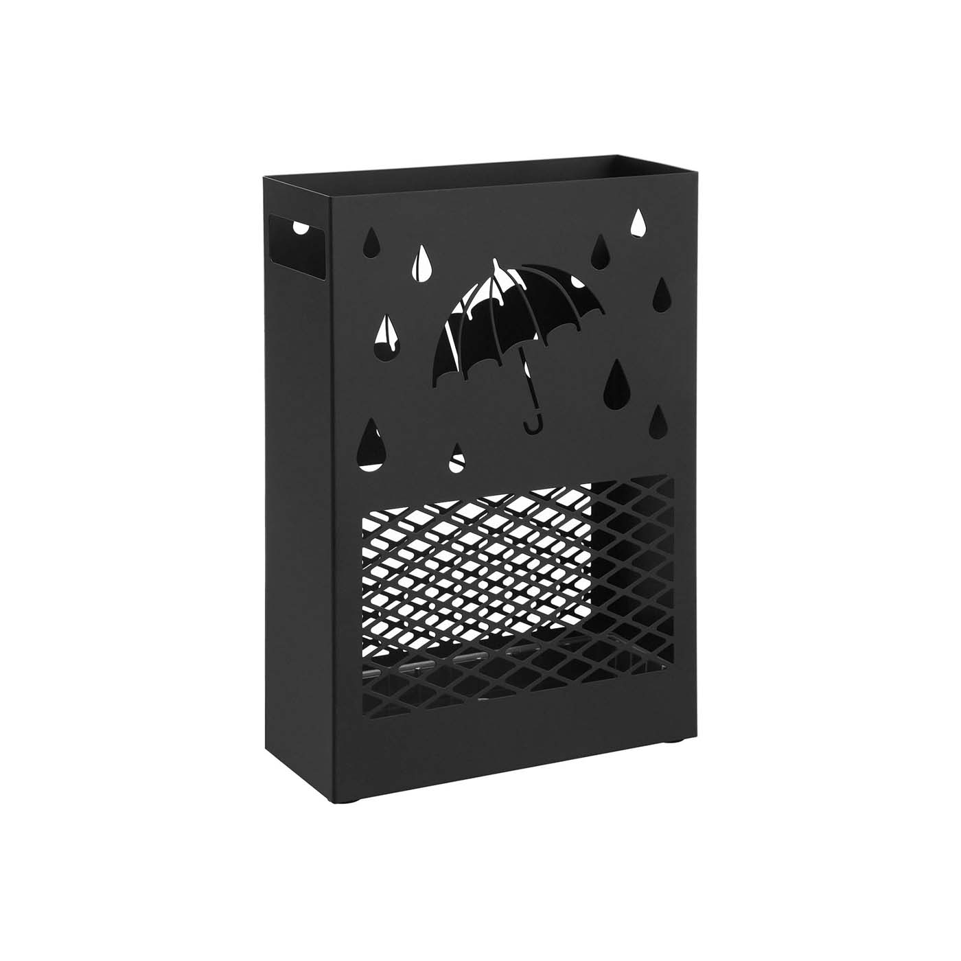 Umbrella Stand - Metal - Black - Rectangular with Removable Drip Tray and 4 Hooks