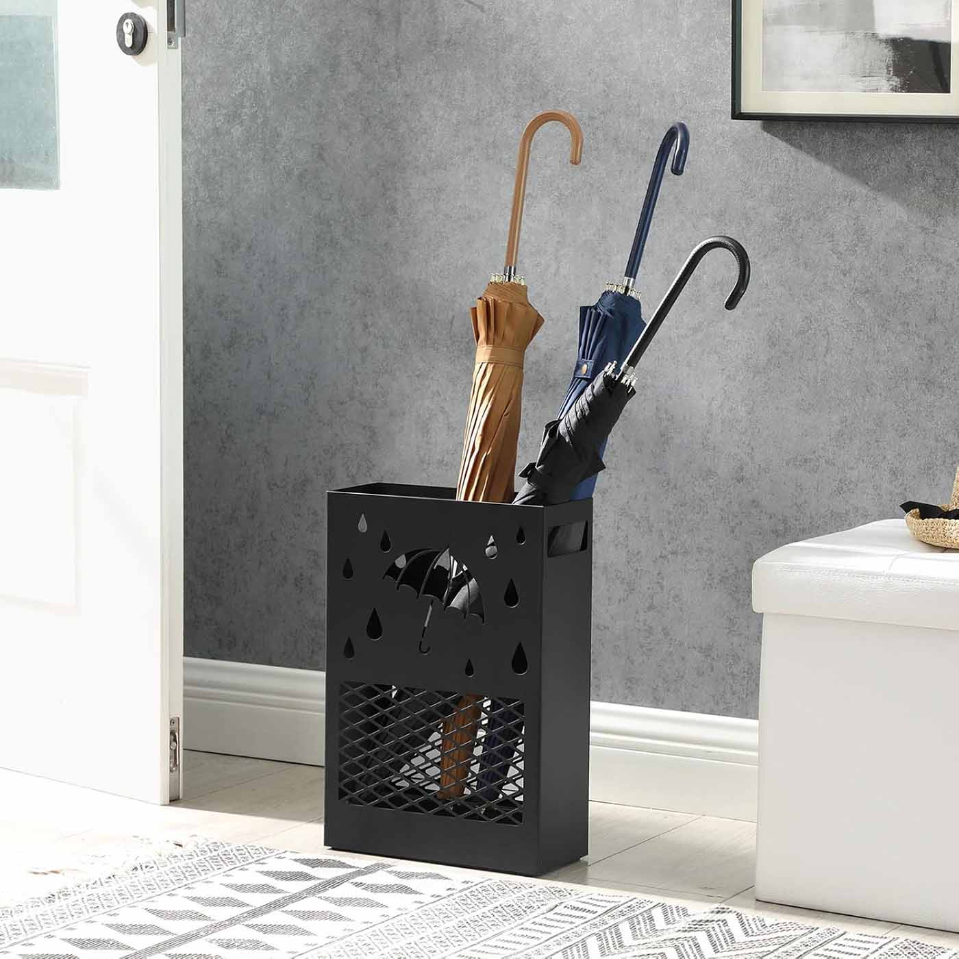 Umbrella Stand - Metal - Black - Rectangular with Removable Drip Tray and 4 Hooks