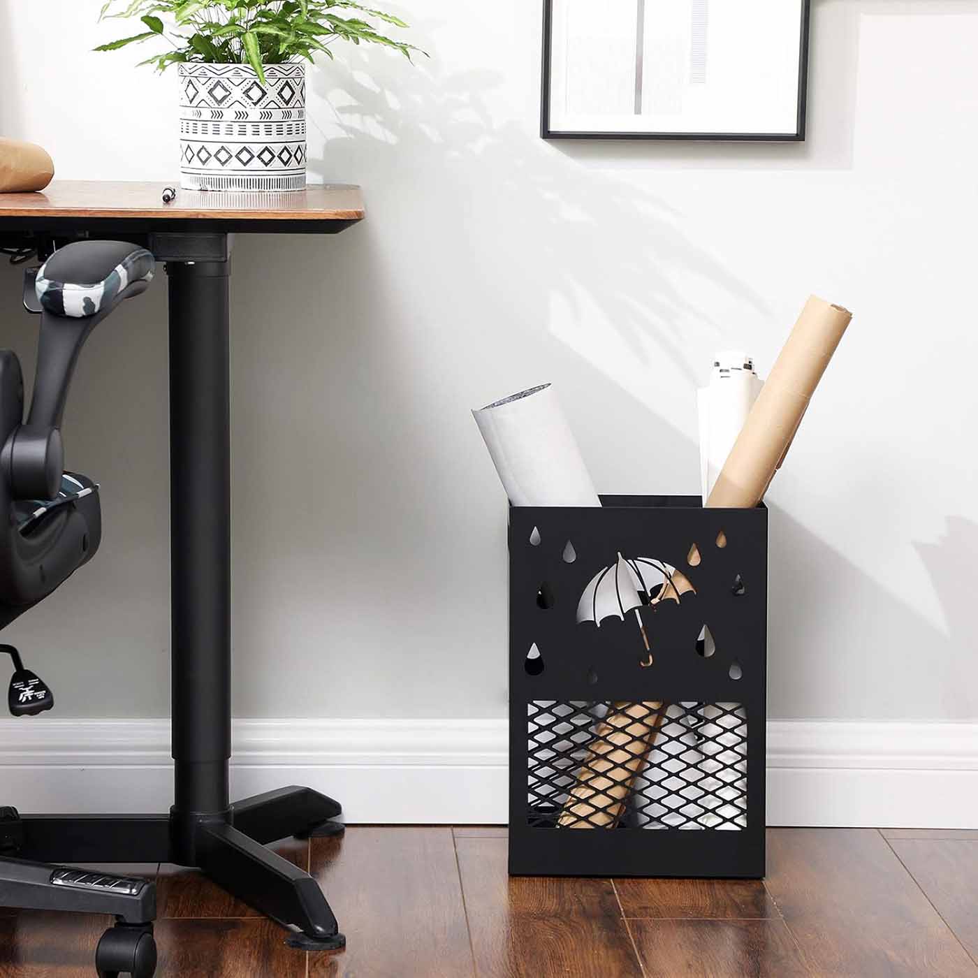 Umbrella Stand - Metal - Black - Rectangular with Removable Drip Tray and 4 Hooks
